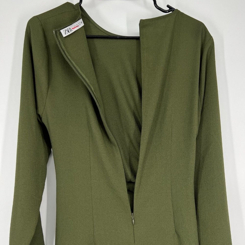 Zara Dress Green Button Front Crepe Long Sleeve Draped Midi - Picture 10 of 11